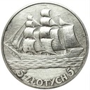 5 zł złotych 1936 Żaglowiec Żaglówka Statek