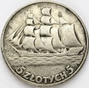 5 zł złotych Żaglowiec 1936. Stan 3-/3