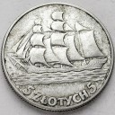 5 zł złotych Żaglowiec Statek 1936 r. stan 2-