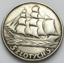 5 zł złotych Żaglowiec, Żaglówka 1936, stan 3