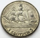 5 zł złotych Żaglowiec Żaglówka Statek 1936 stan 3