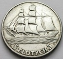 5 zł złotych Żaglowiec Żaglówka Statek 1936 stan 3