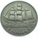 5 zł złotych 1936 Żaglowiec Żaglówka Statek