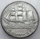 5 zł złotych 1936 Żaglowiec Żaglówka Statek