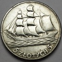5 zł złotych 1936 Żaglowiec Żaglówka Statek ŁADNY