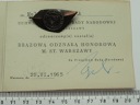 Medal Brązowa Odznaka Honorowa Warszawy + Legitym.