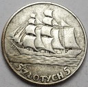5 zł złotych 1936 Żaglowiec Żaglówka Statek