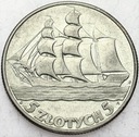 5 zł złotych 1936 Żaglowiec Żaglówka Statek