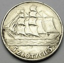 5 zł złotych 1936 Żaglowiec Żaglówka Statek